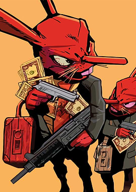 Cartoon Rabbit Gangsters with Guns and Money