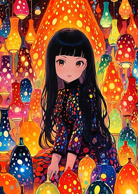 Anime Girl Surrounded by Colorful Lamps