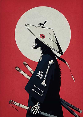 Samurai Skeleton with Bird and Swords