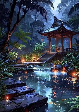 Japanese Garden with Pavilion and Stream