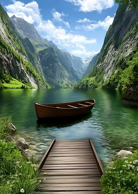 Serene Lake with Boat and Dock