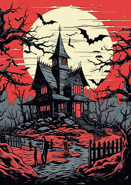 Spooky Haunted House with Bats