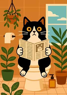 Cat Reading Newspaper on Toilet
