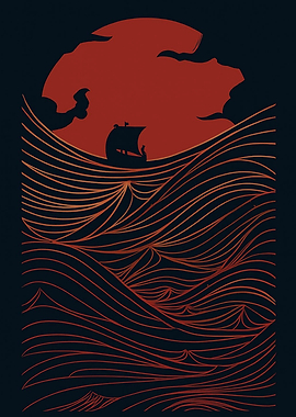 Silhouette Ship Sailing on Wavy Sea