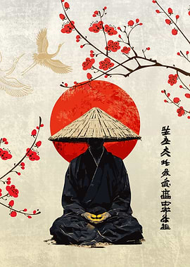 Japanese Monk with Red Sun and Cranes