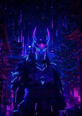 Cyberpunk Style Samurai Oni Girl in Neon City Japan