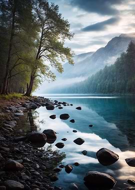 Serene Lake Landscape with Mountain Backdrop