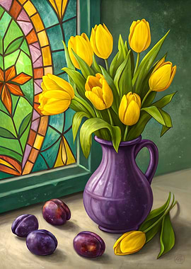 Still Life: Tulips, Plums, Stained Glass