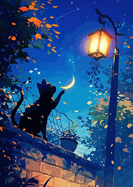 Cat Reaching for the Moon at Night