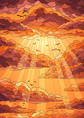 Golden Sky with Clouds and Birds