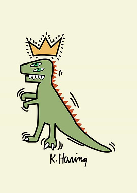 Keith Haring Style Dinosaur with Crown