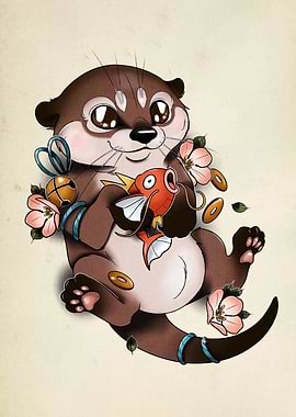 Pokemon Otter Holding Magikarp Illustration