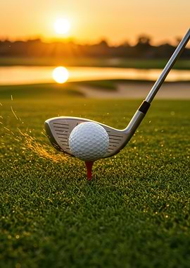 Golf ball being hit at sunset