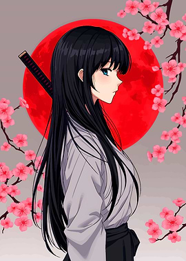 Anime Girl with Katana and Cherry Blossoms