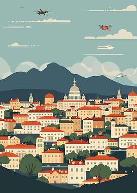 Cityscape with Airplanes and Mountains