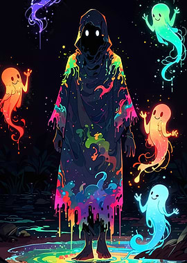 Colorful Ghostly Figure with Floating Spirits