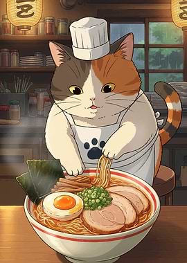 Cat Chef Preparing Ramen Bowl