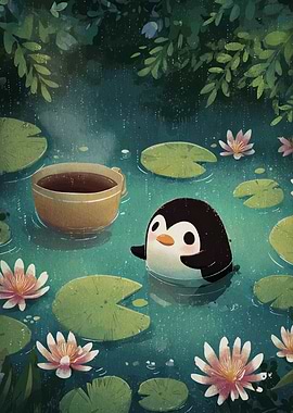 Penguin, Coffee, and Lily Pads