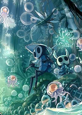 Hollow Knight characters in a blue forest