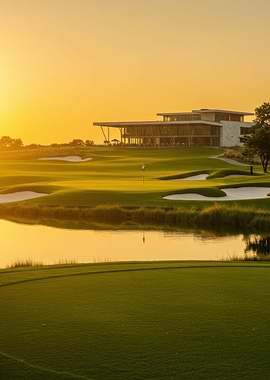 Golf course at sunset with lake