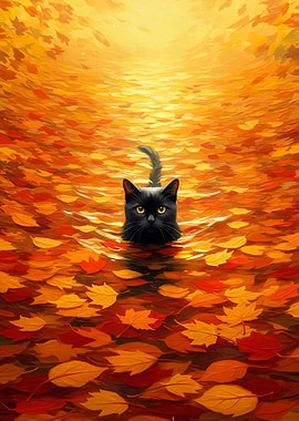 Black Cat in Autumn Leaves