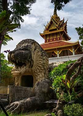 Lion Statue and Thai Temple