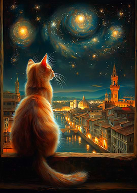 Cat gazing at Florence under starry sky
