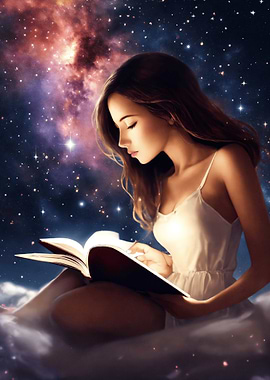 Girl Reading Book in Space