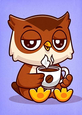 Sleepy Owl with Coffee Cartoon Illustration