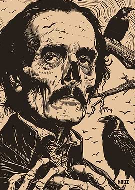 Edgar Allan Poe and Ravens Illustration