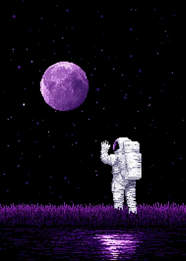 Astronaut Waving at Purple Moon Pixel Art