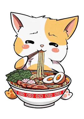 Cute Cat Eating Ramen Illustration