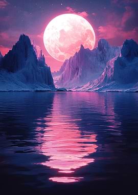 Pink Moon Over Mountain Lake