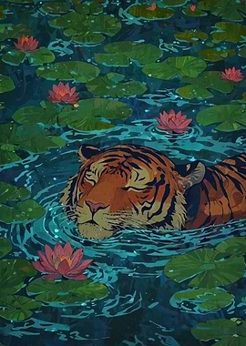 Tiger Swimming in Lily Pond Illustration