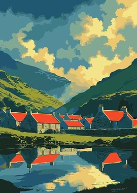 Idyllic Village Landscape with Lake Reflection