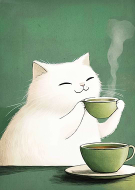 Cat enjoying tea time illustration
