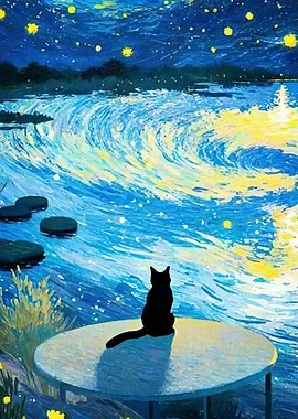 Cat gazing starry night