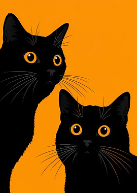 Two Black Cats on Orange Background