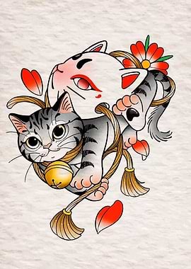 Cat and Kitsune Mask Illustration