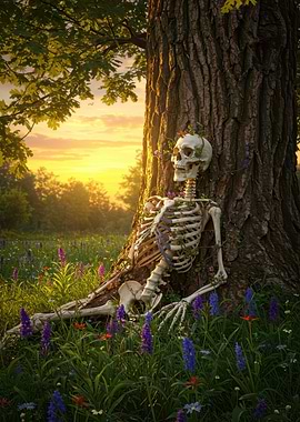 Skeleton Resting by Tree at Sunset