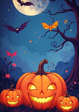 Halloween Night Pumpkins Bats