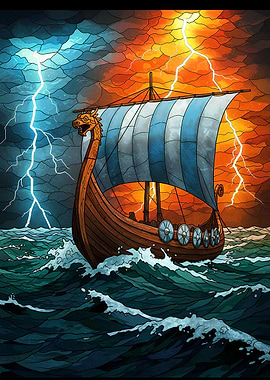 Viking Ship in Stormy Seas