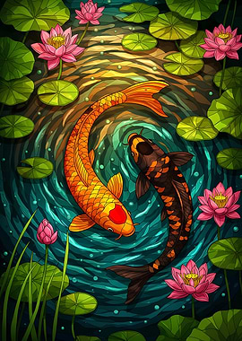 Koi Fish and Lotus Pond Art
