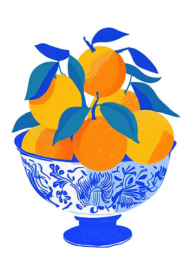 Oranges in Blue and White Bowl
