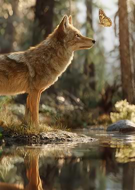 Coyote and Butterfly by the Water