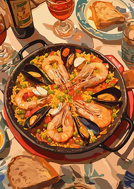 Paella with Seafood and Wine