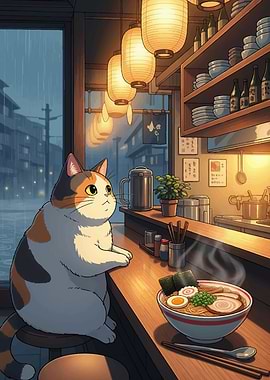Cat at Ramen Bar on Rainy Day