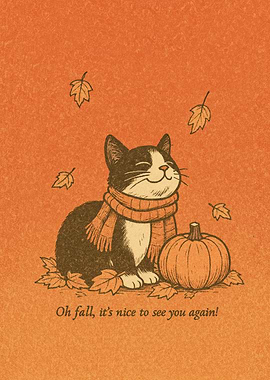 Autumn Cat with Pumpkin and Scarf