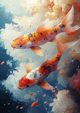 Koi Fish in Dreamy Watercolor Sky
