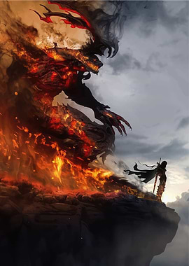 Warrior Facing Fiery Dragon on Cliff